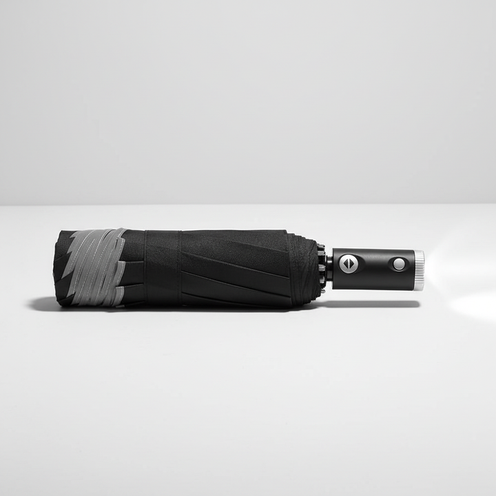 Robuster Windschirm mit Automatik und LED-Licht. Widerstandsfähig gegen starke Böen, sicher und gut sichtbar im Regen.