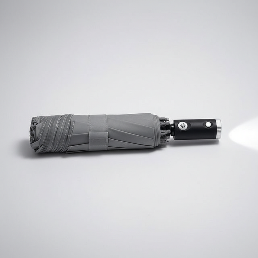Windfester Reise-Regenschirm mit LED, Automatik & Reflektor. Kompakt für maximale Sicherheit bei Regen und Dunkelheit.