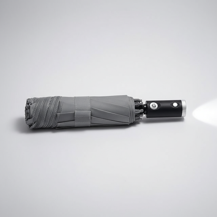 Windfester Reise-Regenschirm mit LED, Automatik & Reflektor. Kompakt für maximale Sicherheit bei Regen und Dunkelheit.