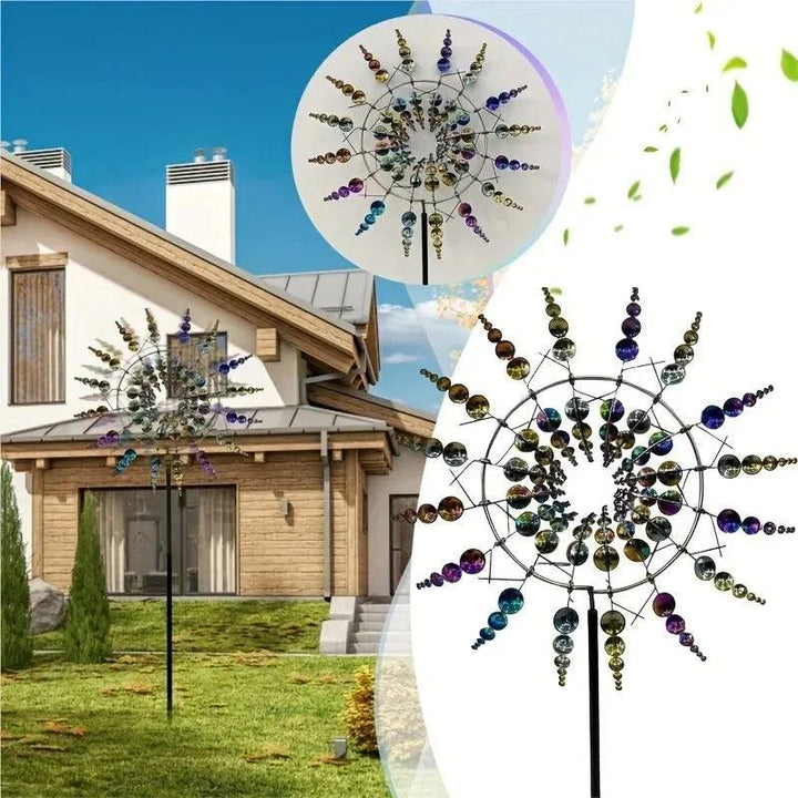 Gold-silberfarbene Windmühle Spinner aus Metall, kinetisches Gartendekor & Windspiel für den Außenbereich.