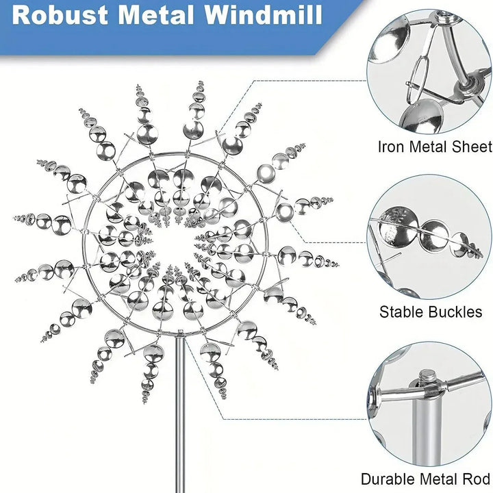 Große Windmühle Spinner als Blickfang im Garten, dekoratives Windspiel aus Metall für den Außenbereich.