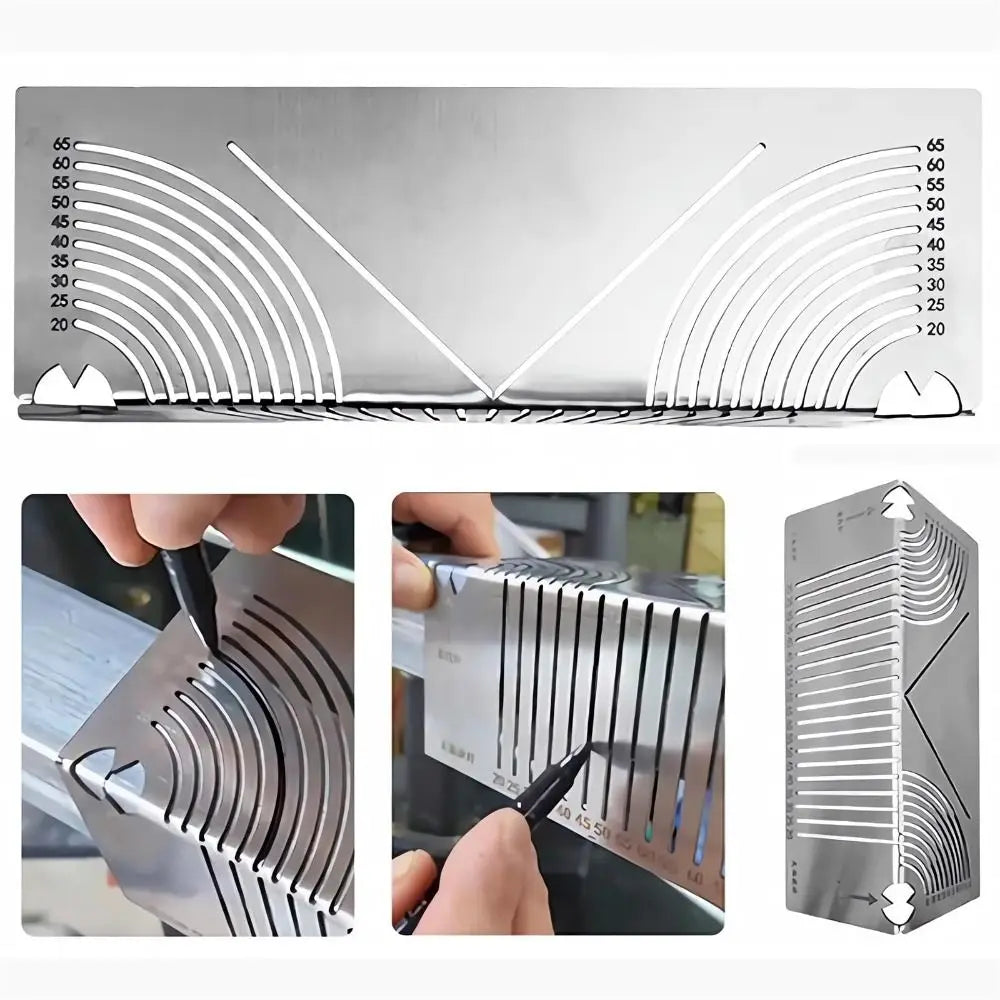 Detailansicht des WinkelPro Präzisionswerkzeugs aus robustem Edelstahl, ideal zum Messen, Biegen & Markieren.
