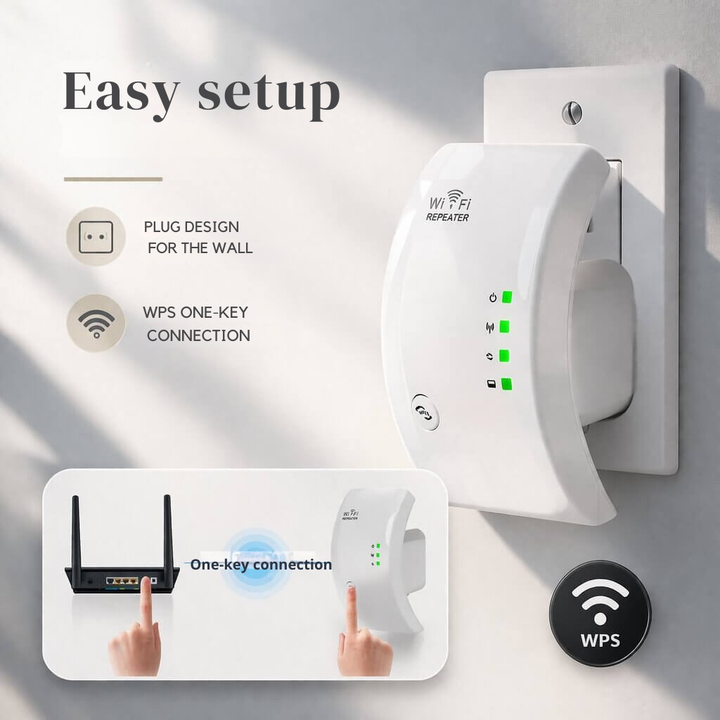 WiFi Extender mit einfacher Plug & Play-Installation für sofortige Signalverbesserung im Heimnetzwerk.