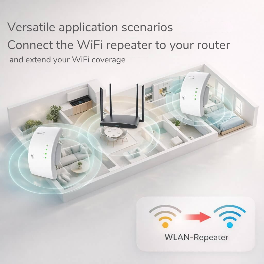 Ansicht des WLAN Repeaters, der an einer Steckdose für optimale Signalstärke montiert ist.