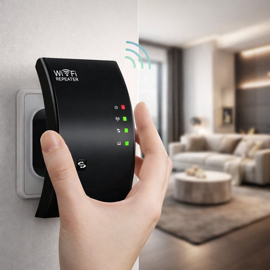 Modernes Design des WLAN-Verstärkers, der sich diskret in jede Umgebung im Büro einfügt.