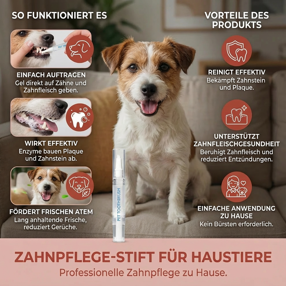 Glücklicher Hund erhält Zahnpflege-Stift für frischen Atem. Einfache Anwendung für optimale Mundhygiene bei Hunden.