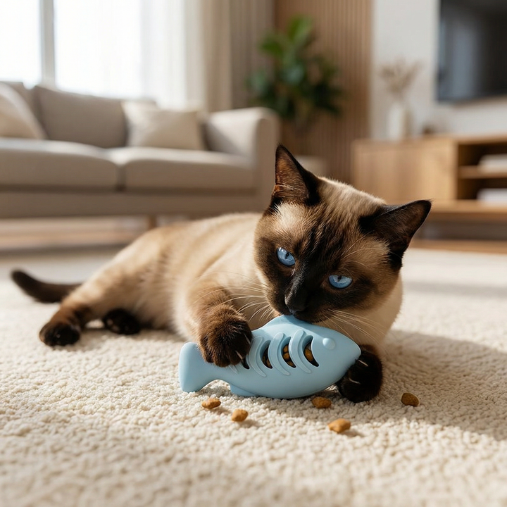 Zahnpflegender Silikon-Kau-Fisch für Katzen. Interaktives Katzenspielzeug & Snackspender.