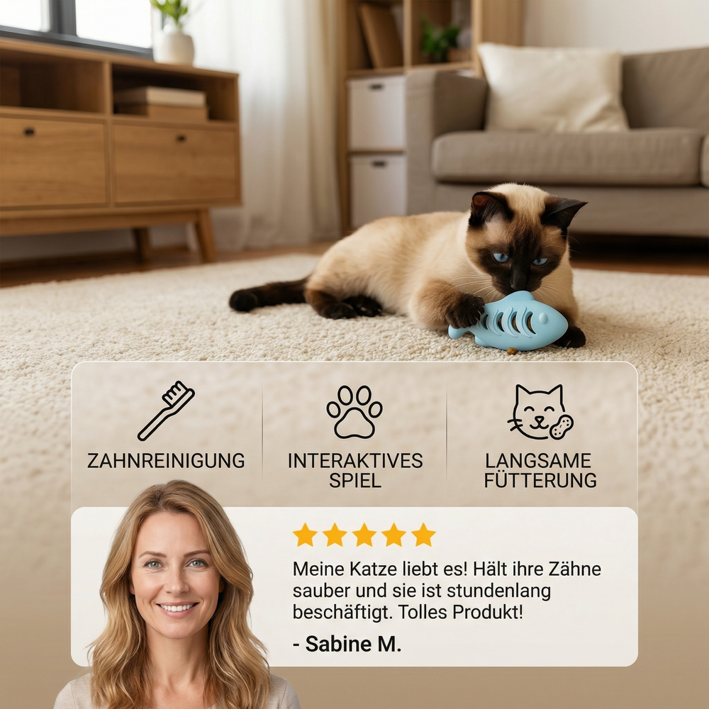 Katze kaut auf blauem Silikon-Fisch. Zahnreinigendes Katzenspielzeug zur Zahnpflege & Beschäftigung.