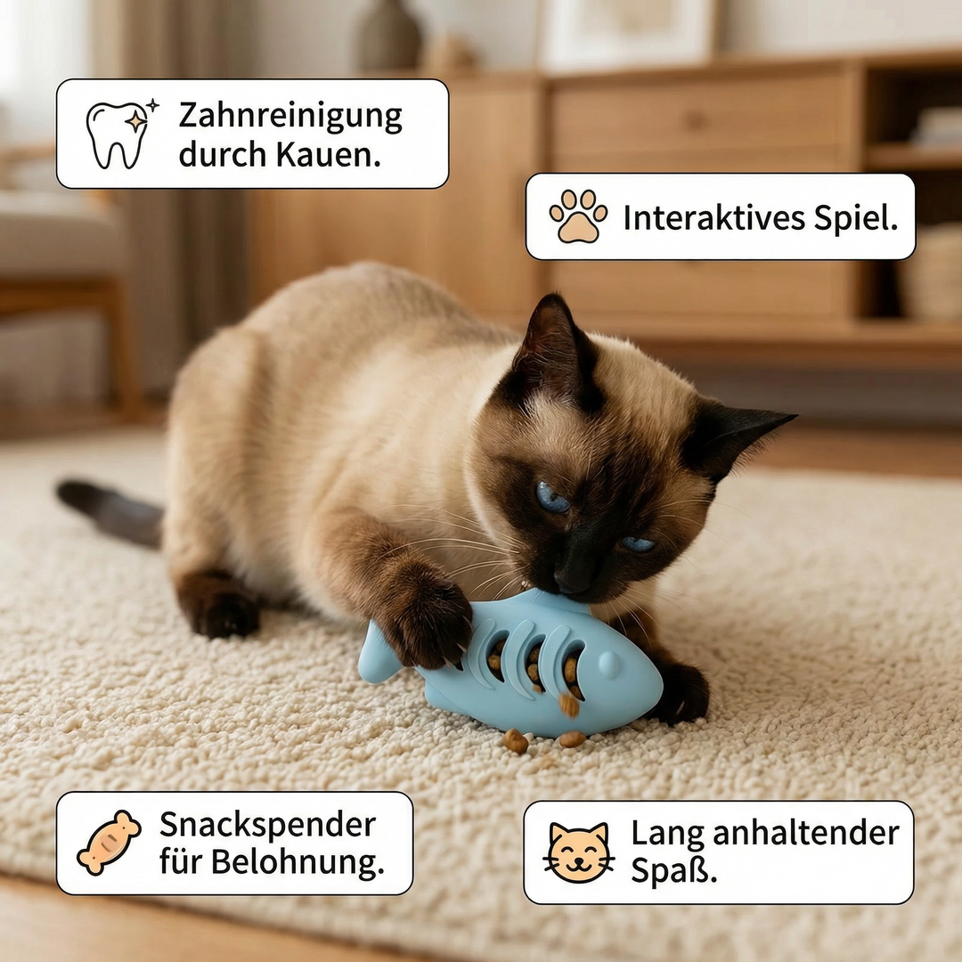Interaktiver Fisch-Snackspender aus Silikon für Katzen. Fördert Spieltrieb und Zahngesundheit.