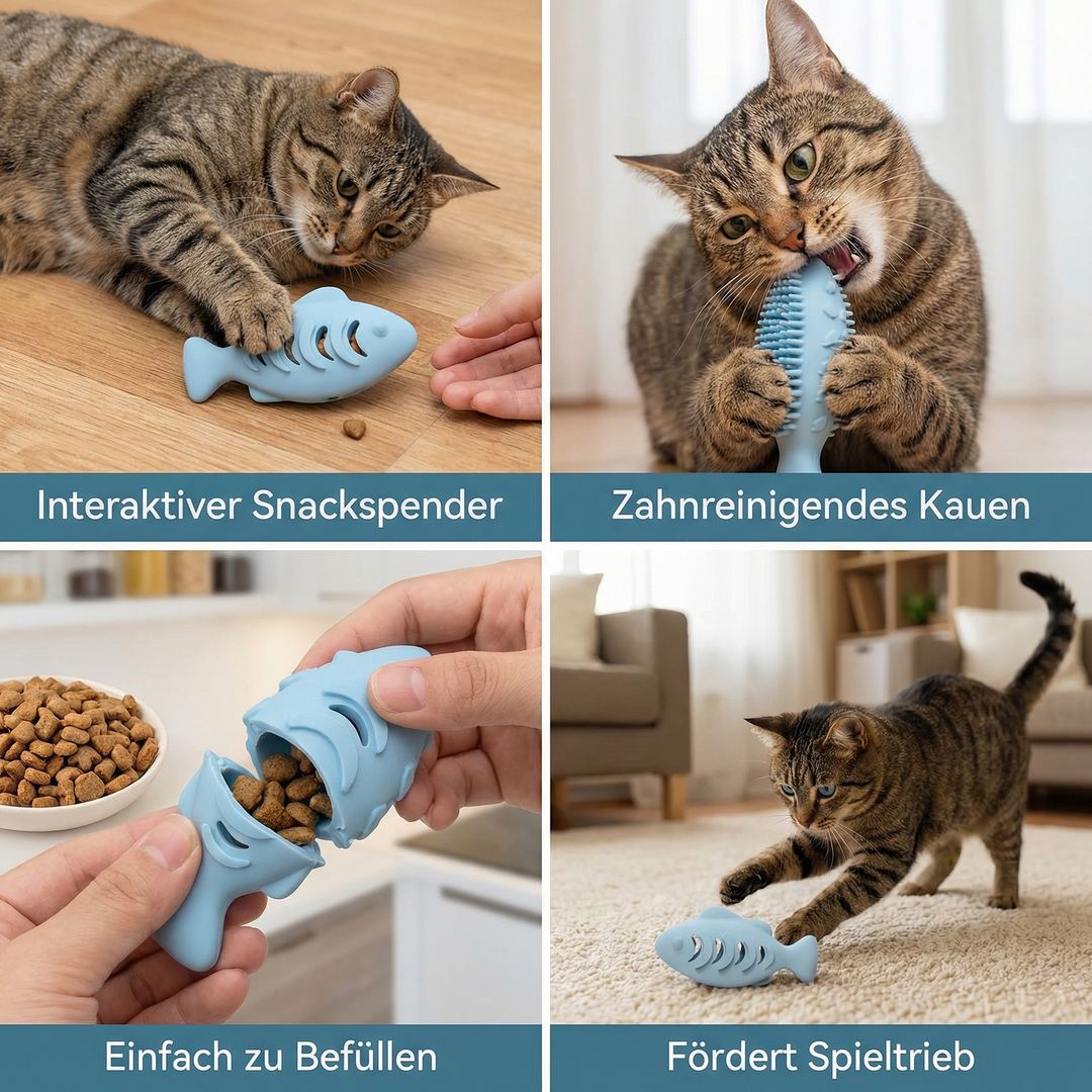 Detailansicht: Zahnreinigender Silikon-Fisch für Katzen. Strukturiertes Kauspielzeug zur Zahnpflege.