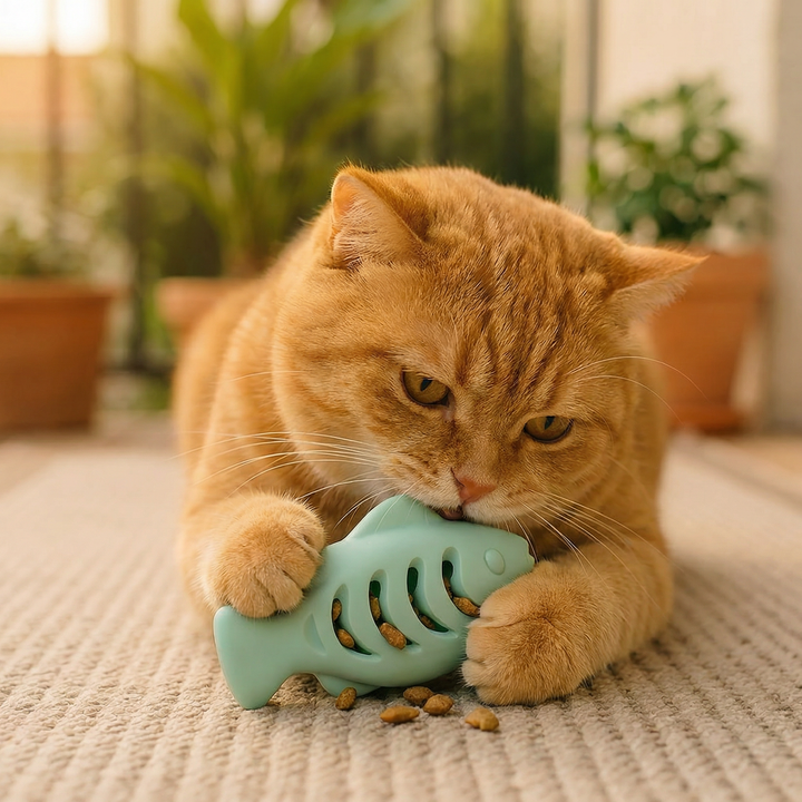 Katzen-Zahnpflege-Spielzeug: Silikon-Fisch mit Leckerli-Öffnungen. Motiviert zum Kauen & Spielen.