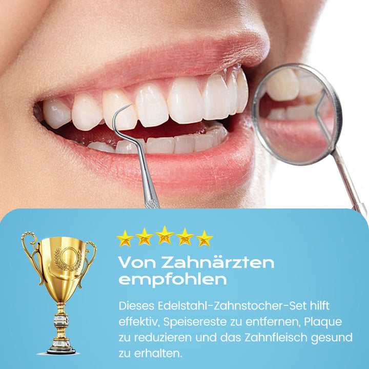 Umfangreiches Edelstahl-Mundhygiene-Set mit Tools für professionelle Zahnreinigung & effektive Plaqueentfernung.