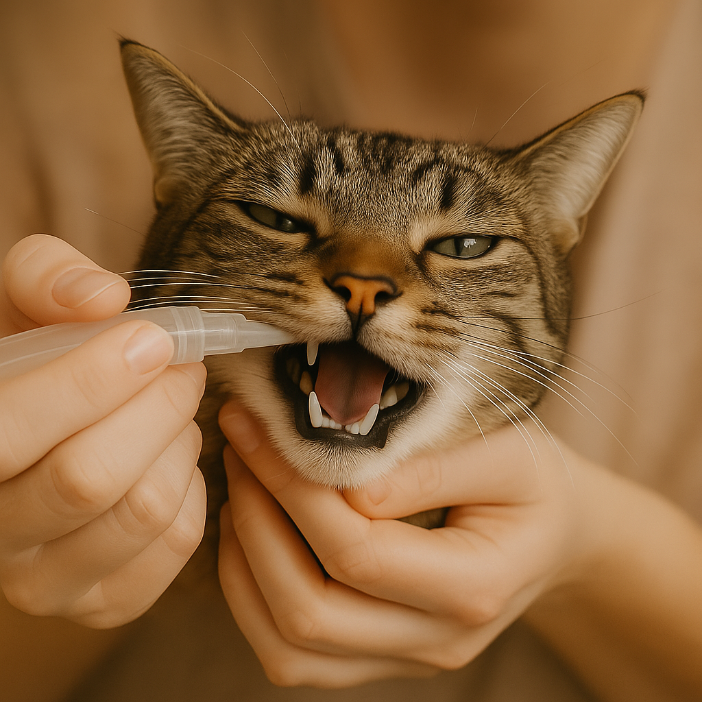 Katze erhält Zahnpflege mit Stift: Für saubere Zähne, weniger Zahnbelag & gesunde Mundhygiene.