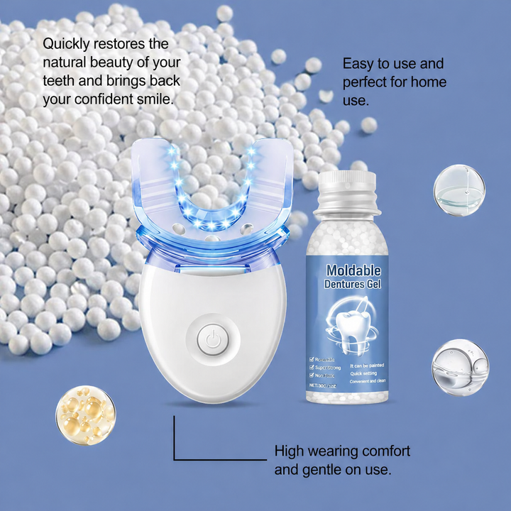 Hochwertiges, formbares Denture Gel mit LED-Licht im Zahnreparatur Set für temporäre Zahnlücken- & Prothesenlösung.