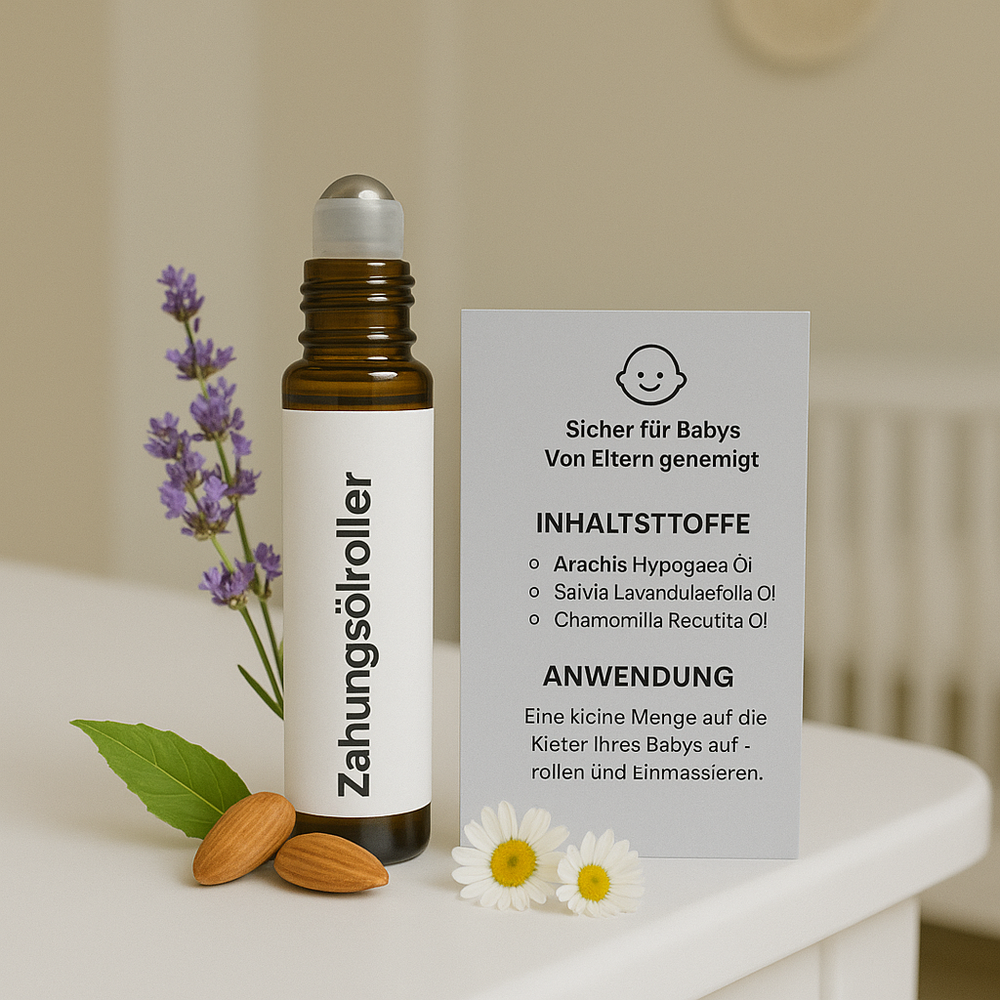 Sanfter Zahnungs-Roll-on für Babys. Beruhigendes Babyöl mit Kamille & Lavendel zur Linderung beim Zahnen. Natürliche Pflege.