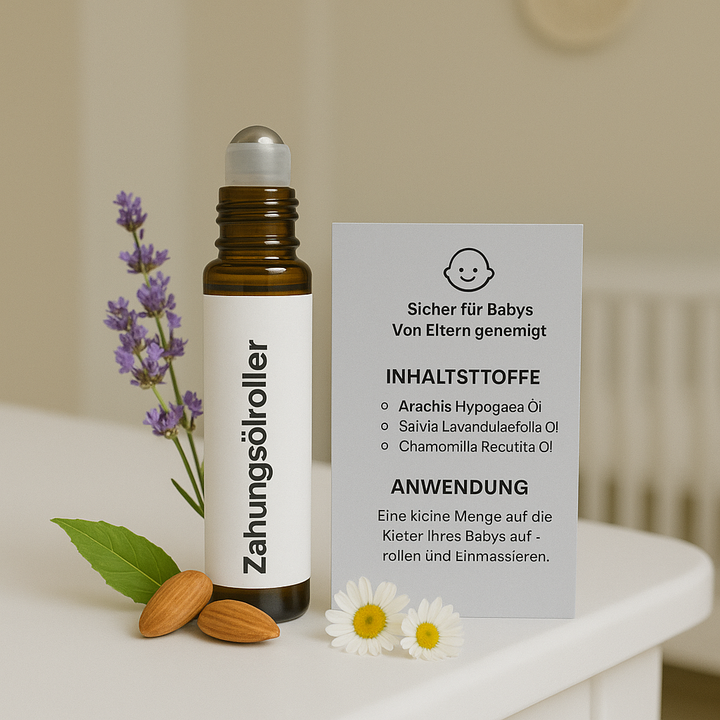 Sanfter Zahnungs-Roll-on für Babys. Beruhigendes Babyöl mit Kamille & Lavendel zur Linderung beim Zahnen. Natürliche Pflege.
