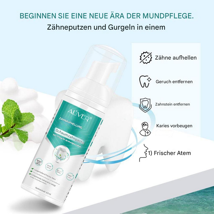 Erleben Sie ein helleres Lächeln mit unserer Zahnweiß Schaumzahnpasta. Für umfassende Mundpflege und Zähneaufhellung.