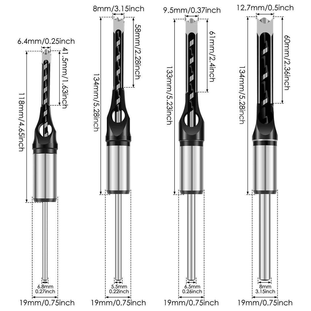 Präzisions Zapfenloch-Set: Exaktes Bohrmaschinen-Zubehör mit 6-16 mm Stemmeisen & Adapter für saubere, stabile Holzverbindungen. Ideal für Tischler.