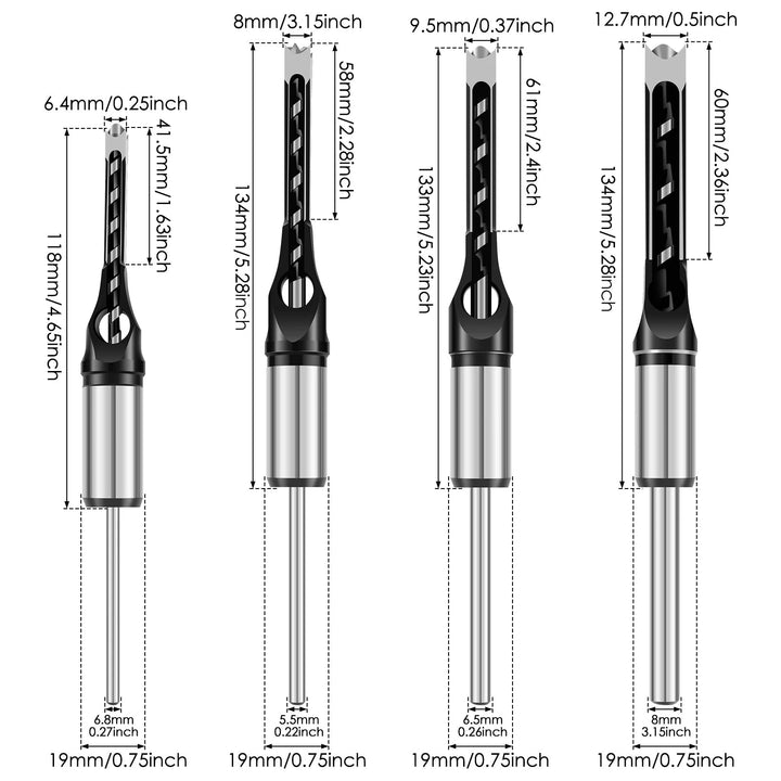 Präzisions Zapfenloch-Set: Exaktes Bohrmaschinen-Zubehör mit 6-16 mm Stemmeisen & Adapter für saubere, stabile Holzverbindungen. Ideal für Tischler.