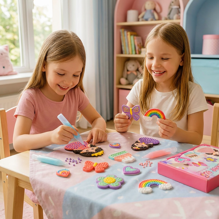 Kind beim Basteln mit dem Perlenmalerei Set. Fördert Kreativität, Geduld und feinmotorische Fähigkeiten.