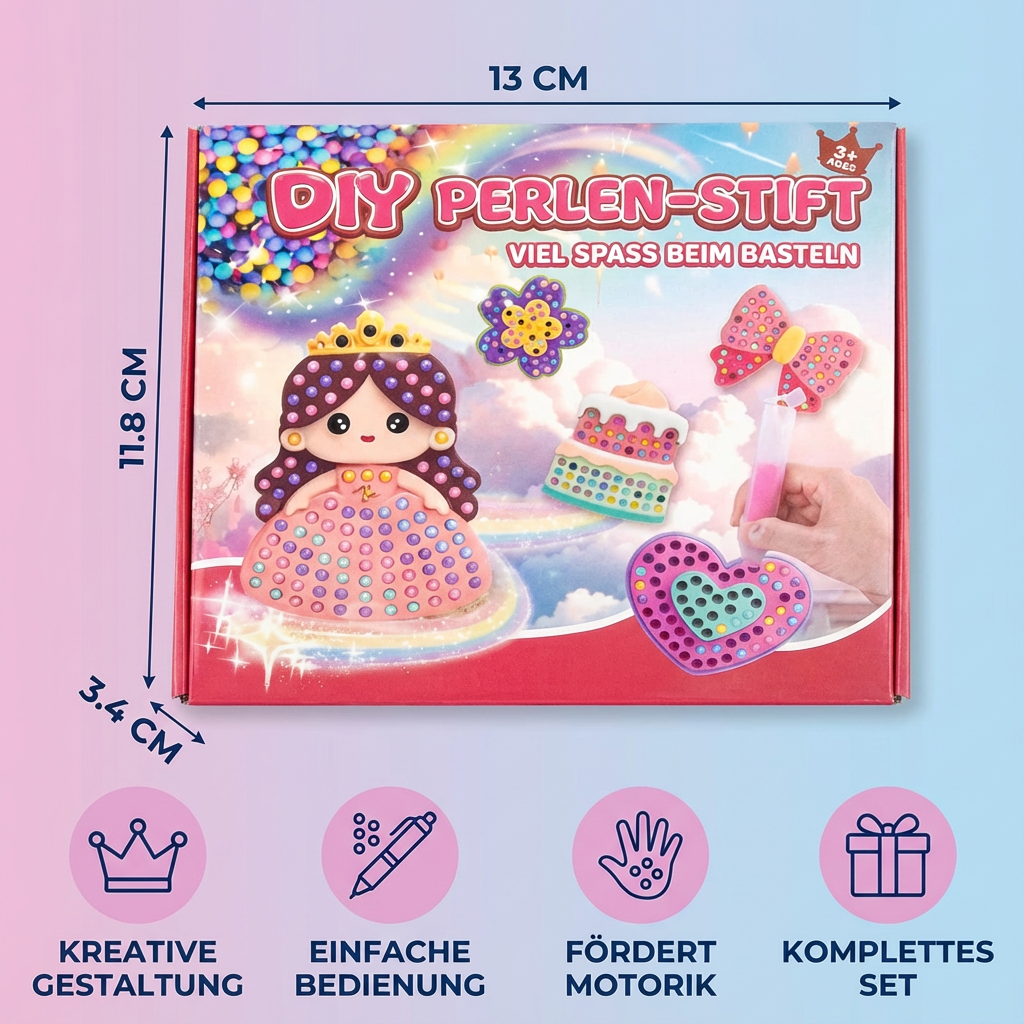 Kinderhände platzieren bunte Perlen auf einer Vorlage. Bastelspaß mit dem Zauberhafte Perlenmalerei DIY Set.