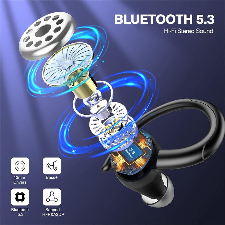 Wasserdichte Zeyora Sport-Ohrhörer, ideal für intensive Workouts. Kabellos, Bluetooth 5.3, Geräuschreduzierung, Audio.