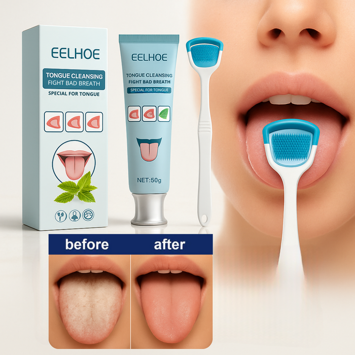 Zungenreiniger & Zungen-Gel Set für frischen Atem. Effektive Zungenpflege zur Bakterienentfernung und gegen Mundgeruch.