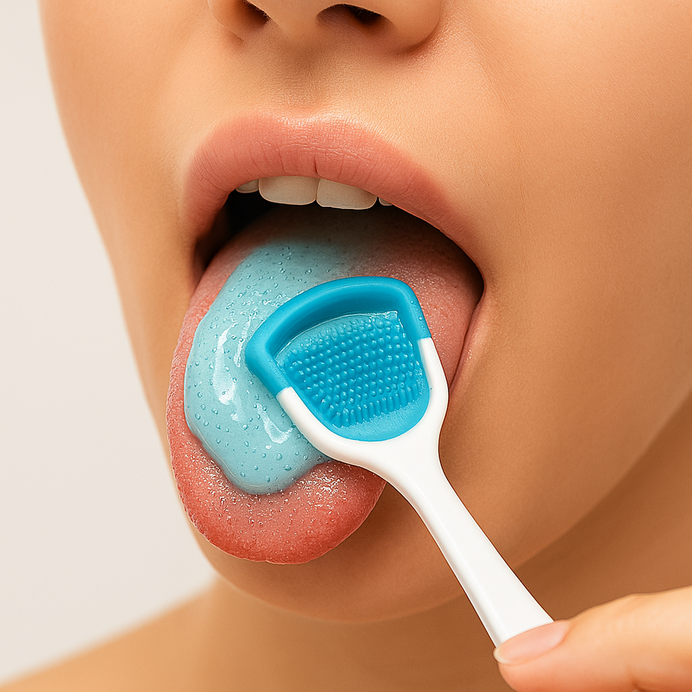 Zungenreiniger & Zungen-Gel im Set. Für tägliche Zungenpflege, entfernt Bakterien für frischen Atem & Mundhygiene.