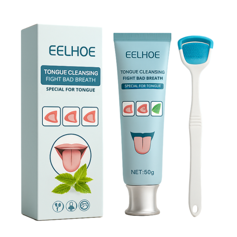 Praktisches Zungenpflege Set: Zungenreiniger und Zungen-Gel. Ideal zur Mundgeruch-Bekämpfung & für frischen Atem.
