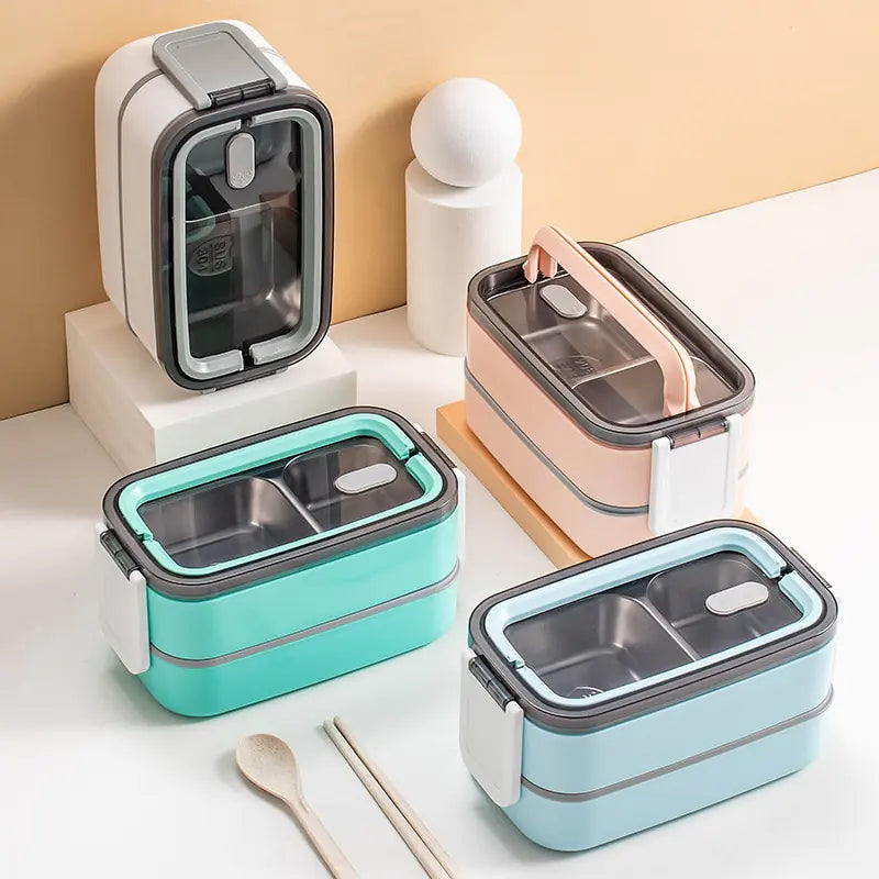 Zweischichtige Edelstahl Bento-Lunchbox für frische Mahlzeiten, perfekt für Büro, Schule & Picknick.