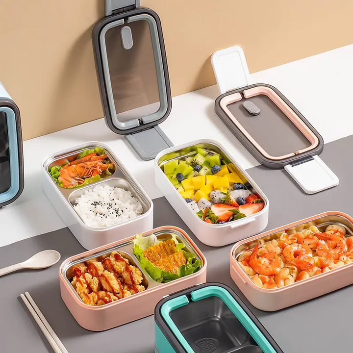 Praktische doppelschichtige Edelstahl Bento Box zur Mahlzeitenorganisation, hält Ihr Essen frisch.