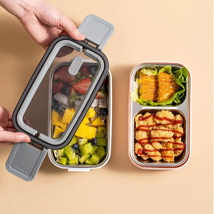 Robuste Edelstahl Bento Lunchbox mit zwei Schichten für das tägliche Mittagessen im Büro oder in der Schule.