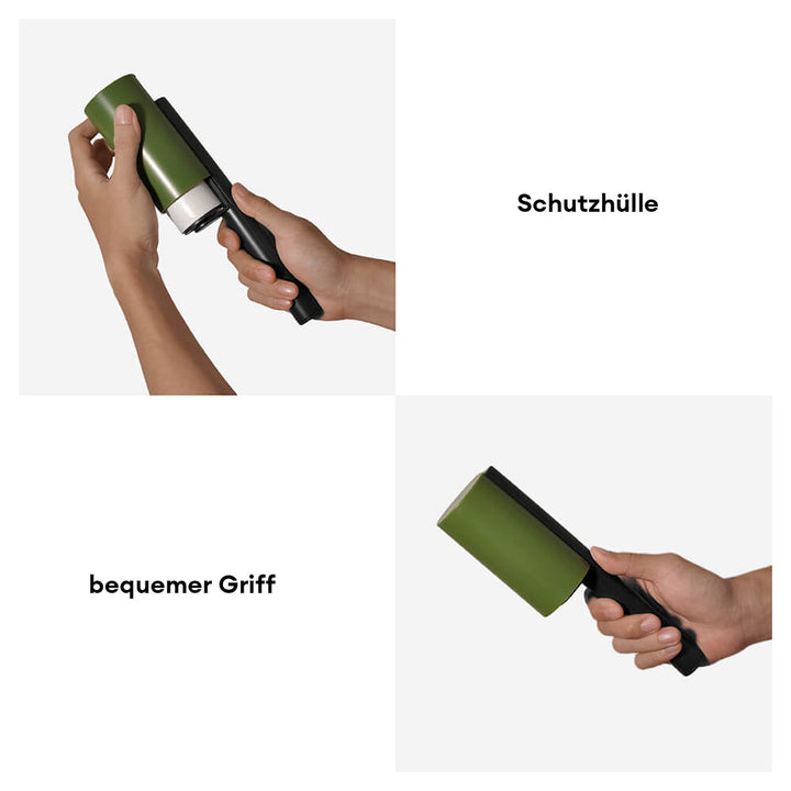 Orangefarbener Fusselroller, zylinderförmig und klebrig, zur gründlichen Reinigung von Kleidung und Stoffen.